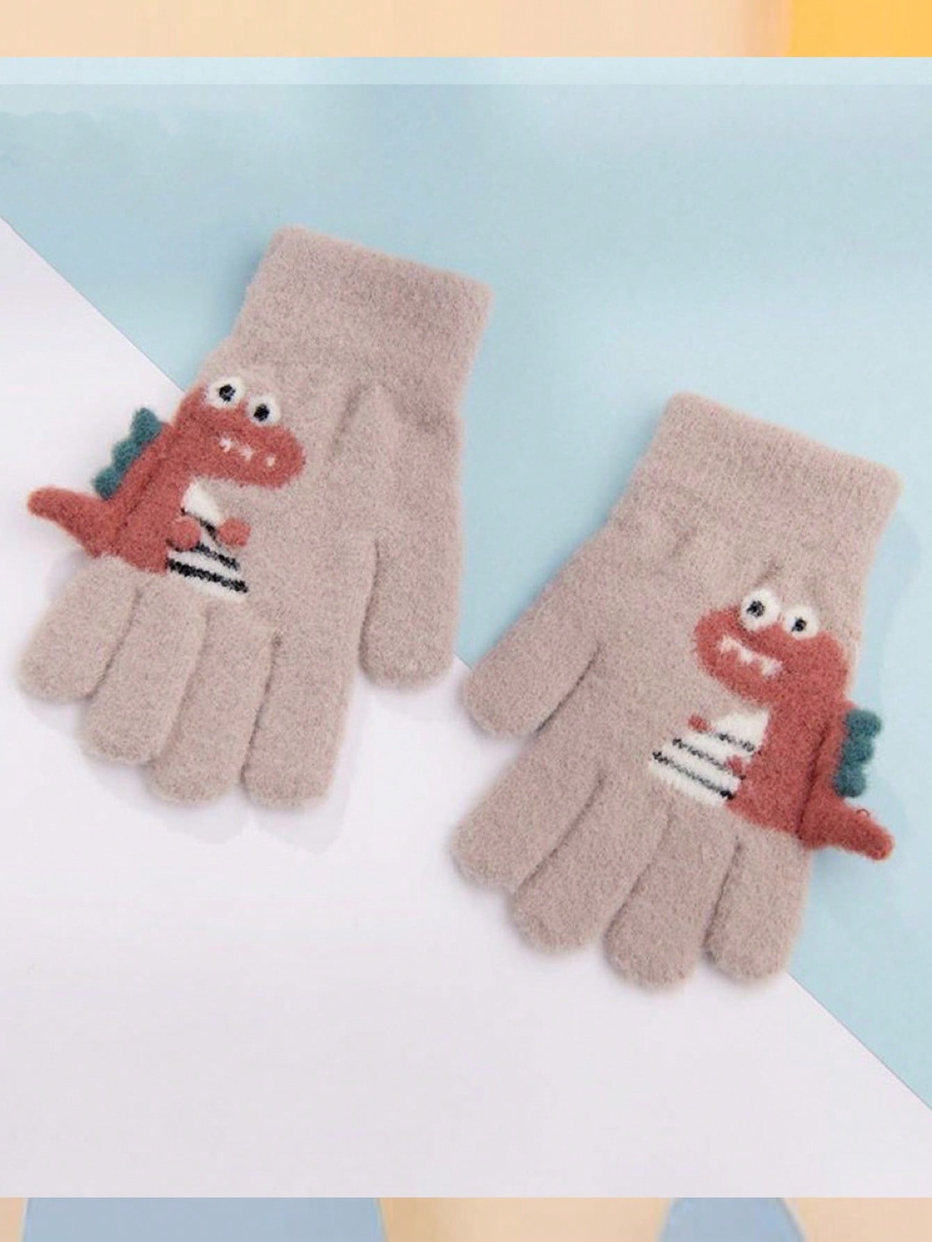 1pair 5-12 Years Kids Winter Warm Knit Thick Cartoon Dinosaur Pattern 5-Finger Gloves For Boys & Girls