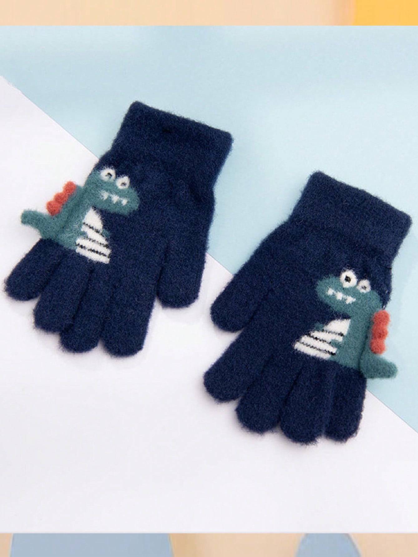 1pair 5-12 Years Kids Winter Warm Knit Thick Cartoon Dinosaur Pattern 5-Finger Gloves For Boys & Girls
