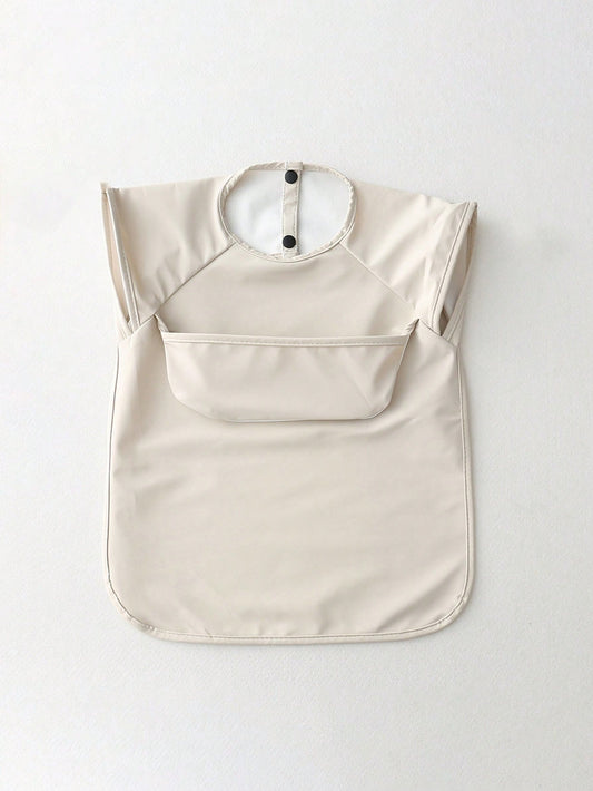 Beige Children's Sleeveless Reversible Pu Bib, Super Soft & Waterproof Solid Color Feeding Apron