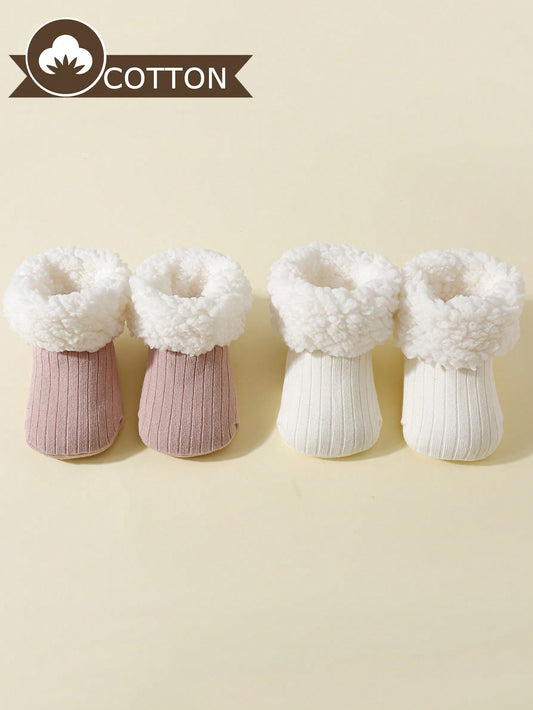 2 Pairs Baby Warm Thick Fleece Dots Anti-Slip Socks, Suitable For Winter