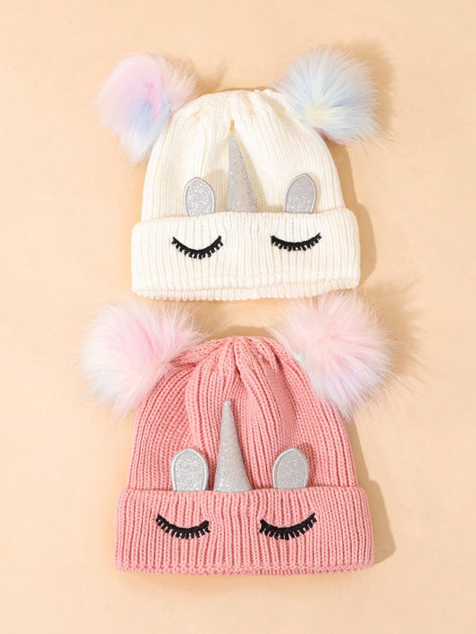 1 Piece Children's Solid Color Knitted Hat, Unicorn Double Ball Bean Hat, Suitable For 6-8 Years Old Girls In Autumn And Winter Daily Use