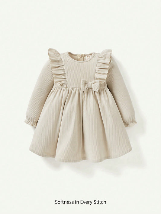Cozy Pixies Baby Girl Casual Round Neck Ruffle Hem Long Sleeve Solid Color Dress Fall Clothes