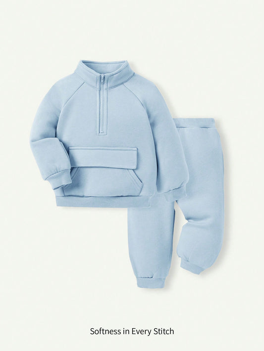 Cozy Pixies 2pcs/Set Baby Boy Stand Collar Raglan Sleeve Pocket Front Solid Sweatshirt And Pants