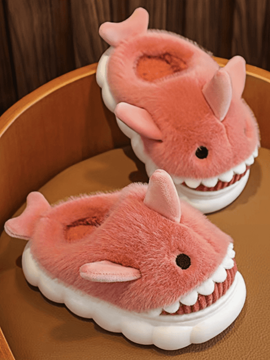 1pair Kids Thermal Slippers, Cartoon Shark Pattern, Warm Plush Lining, For Boys Girls, Suitable For Fall/Winter Home Use