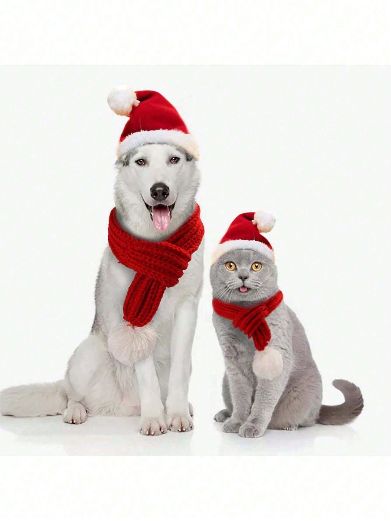 1 Set Cat & Dog Christmas Hat & Scarf, Funny Pet Winter Warm Scarf & Hat Outfit