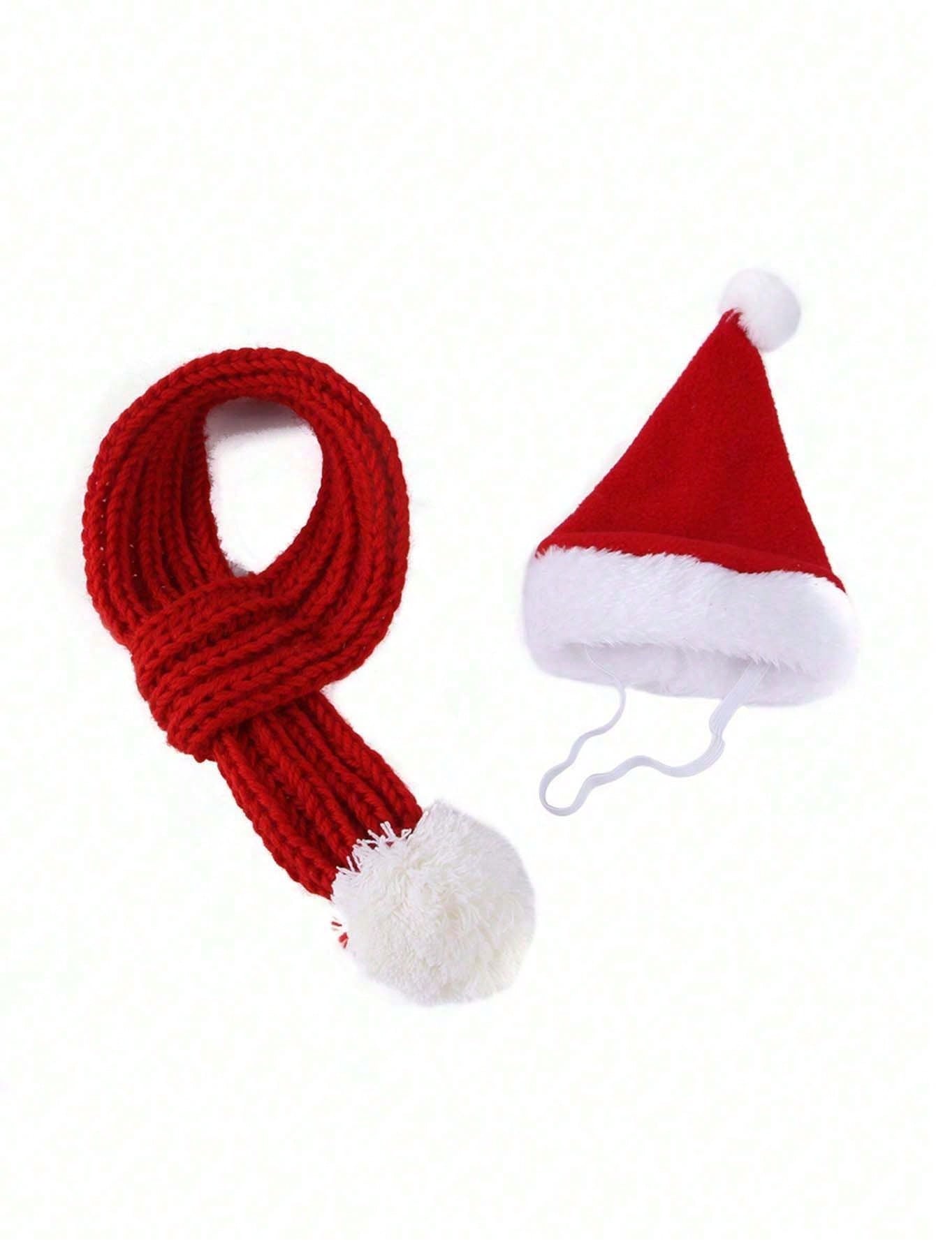 1 Set Cat & Dog Christmas Hat & Scarf, Funny Pet Winter Warm Scarf & Hat Outfit