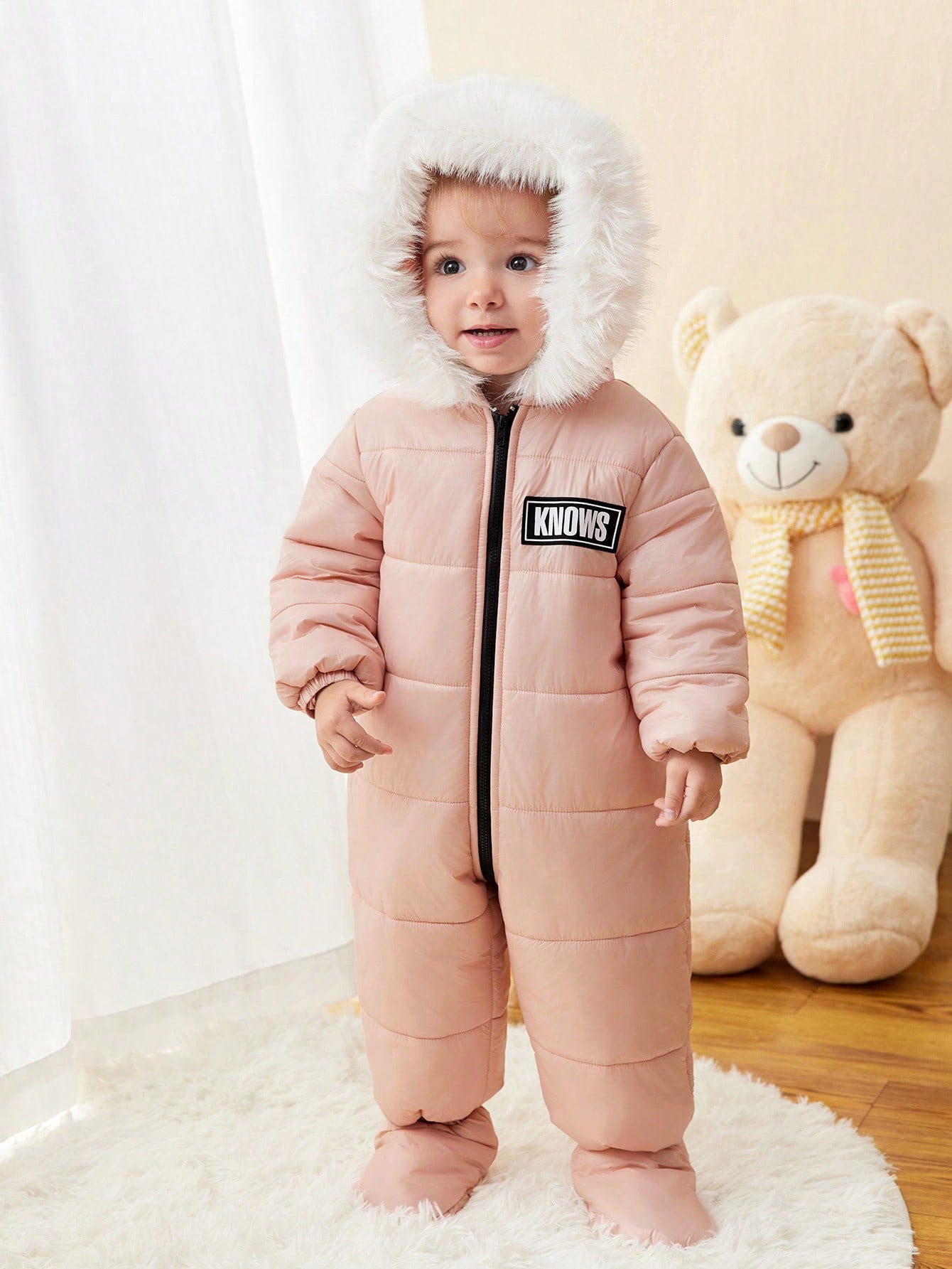 Newborn Baby Girl Hooded Romper, Pink Long Sleeve Fleece-Lined Romper With Letter Print, Suitable For Outdoor, Skiing And Other Occasions