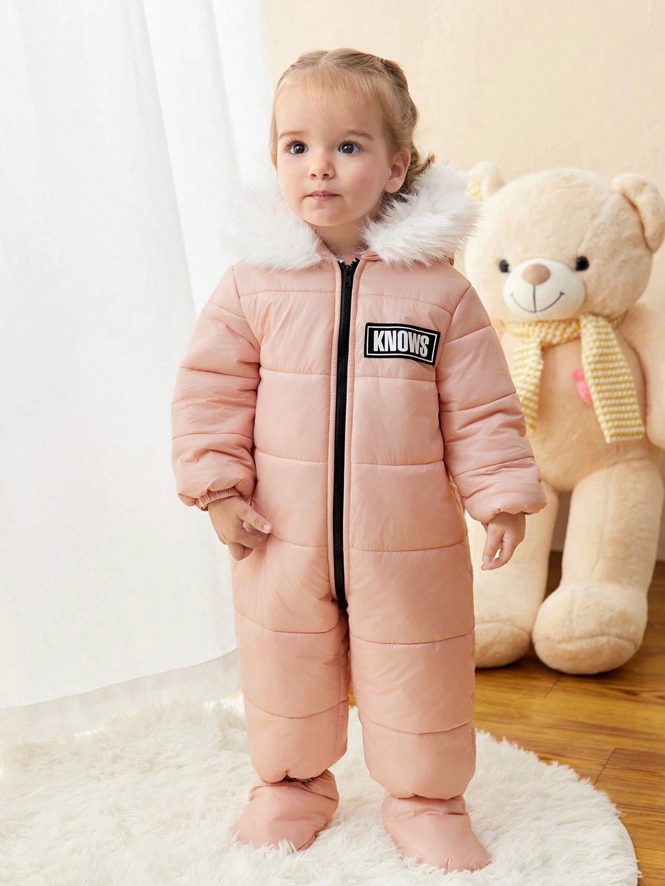 Newborn Baby Girl Hooded Romper, Pink Long Sleeve Fleece-Lined Romper With Letter Print, Suitable For Outdoor, Skiing And Other Occasions