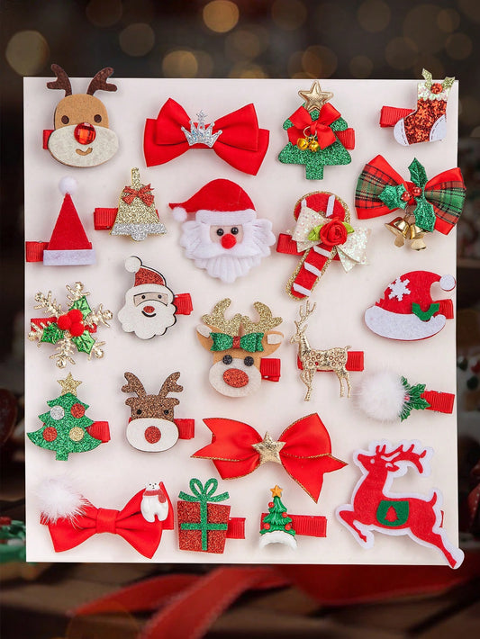 8PCS Christmas Carnival Dressed In Red Hair Clip Set, Cute Cartoon Bow Santa Claus Elk Christmas Snowflake Bell Alligator Hair Clip Side Bangs Clip, For Girls And Ladies Christmas Party Use