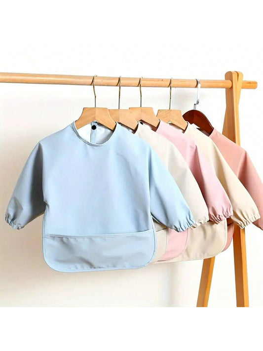 Long Sleeve Reversible Baby Bibs, Soft & Waterproof, Solid Color Feeding Smock Apron