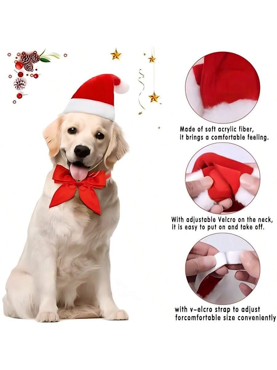 2 Pet Santa Hat And Bow Tie, Dog And Cat Costume Accessory Set, Hat Tie And Bell, Christmas Costume Gift For Puppy, Kitten, Pet Christmas Costume Gift