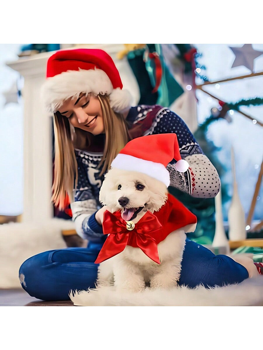 2 Pet Santa Hat And Bow Tie, Dog And Cat Costume Accessory Set, Hat Tie And Bell, Christmas Costume Gift For Puppy, Kitten, Pet Christmas Costume Gift