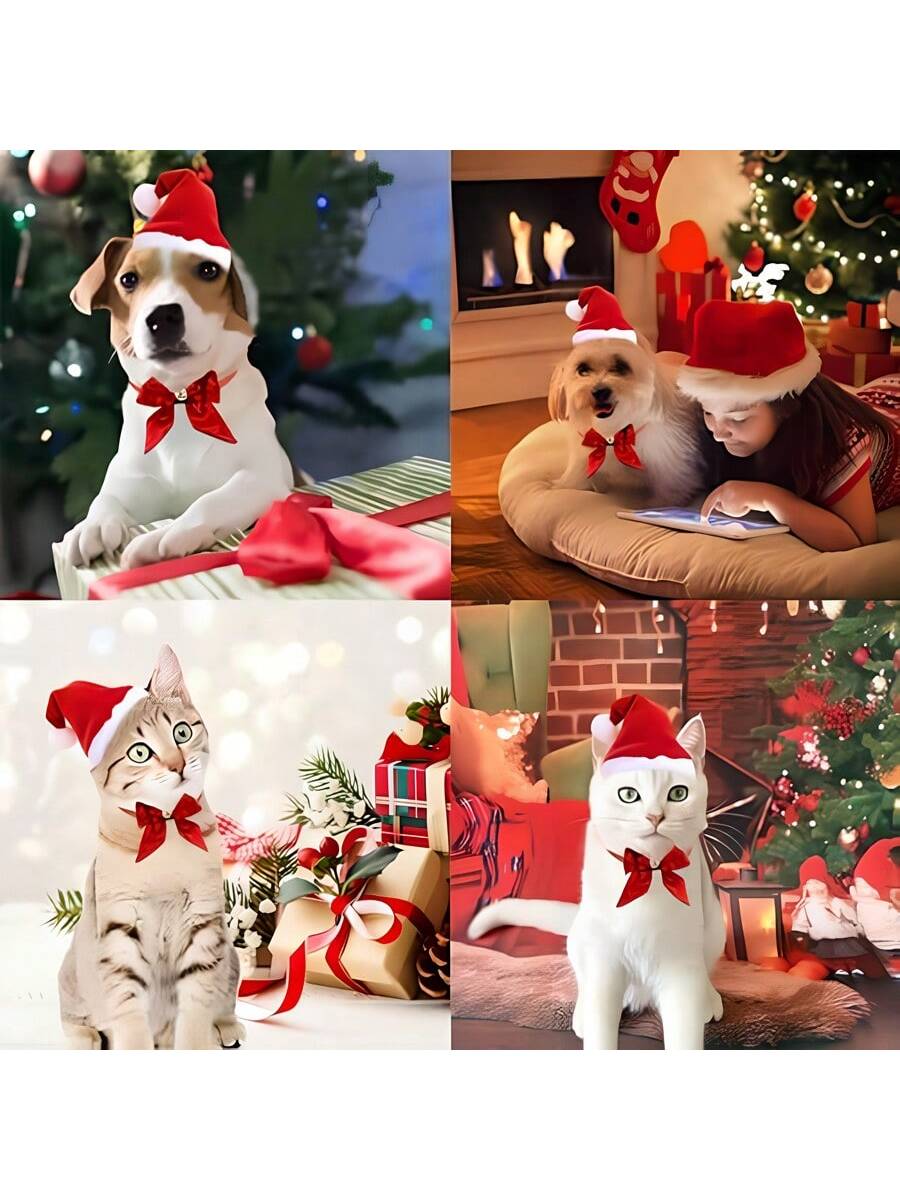 2 Pet Santa Hat And Bow Tie, Dog And Cat Costume Accessory Set, Hat Tie And Bell, Christmas Costume Gift For Puppy, Kitten, Pet Christmas Costume Gift