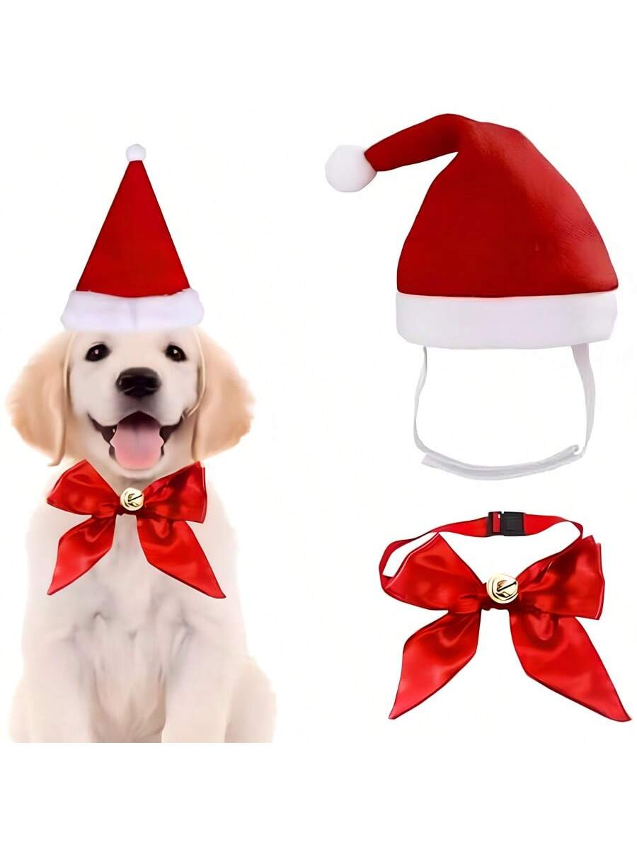 2 Pet Santa Hat And Bow Tie, Dog And Cat Costume Accessory Set, Hat Tie And Bell, Christmas Costume Gift For Puppy, Kitten, Pet Christmas Costume Gift