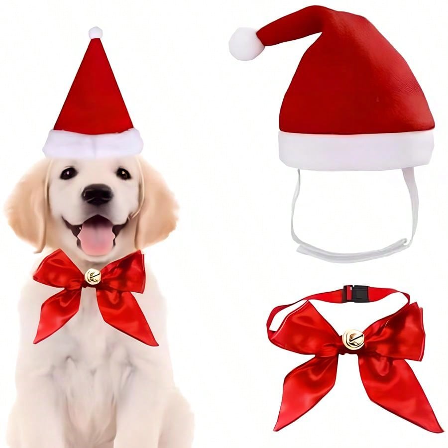 2 Pet Santa Hat And Bow Tie, Dog And Cat Costume Accessory Set, Hat Tie And Bell, Christmas Costume Gift For Puppy, Kitten, Pet Christmas Costume Gift