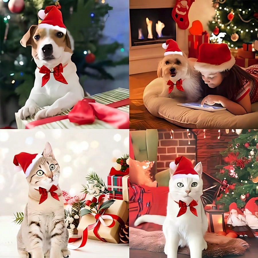 2 Pet Santa Hat And Bow Tie, Dog And Cat Costume Accessory Set, Hat Tie And Bell, Christmas Costume Gift For Puppy, Kitten, Pet Christmas Costume Gift