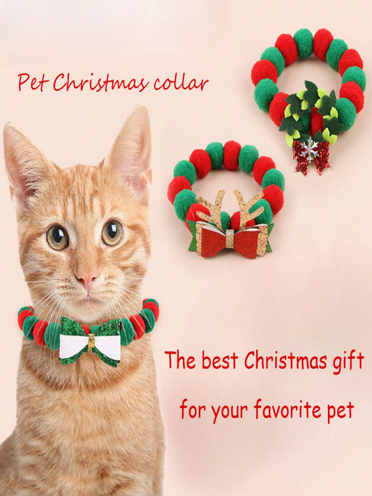 Christmas Themed Pet Collar - Cat & Dog Christmas Costume Decor - Pet Holiday Party Bowtie