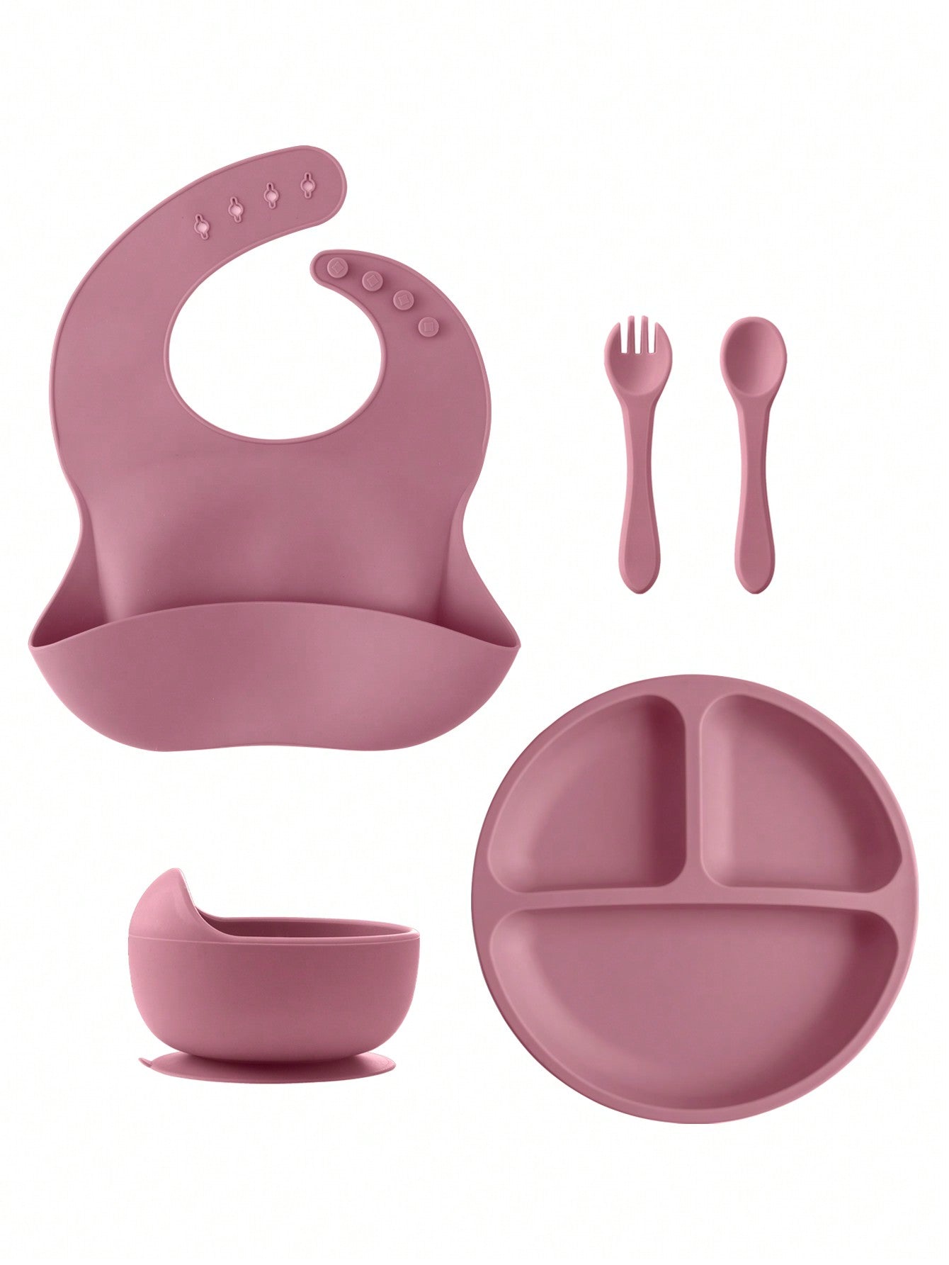PopLittleOne 5PCS Baby Silicone Tableware Sets Adjustable Bib Suction Plate Bowl Soft Spoon Fork Non-Slip Food Storage Feeding Training Dinner Set