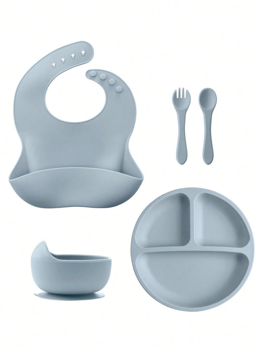 PopLittleOne 5PCS Baby Silicone Tableware Sets Adjustable Bib Suction Plate Bowl Soft Spoon Fork Non-Slip Food Storage Feeding Training Dinner Set