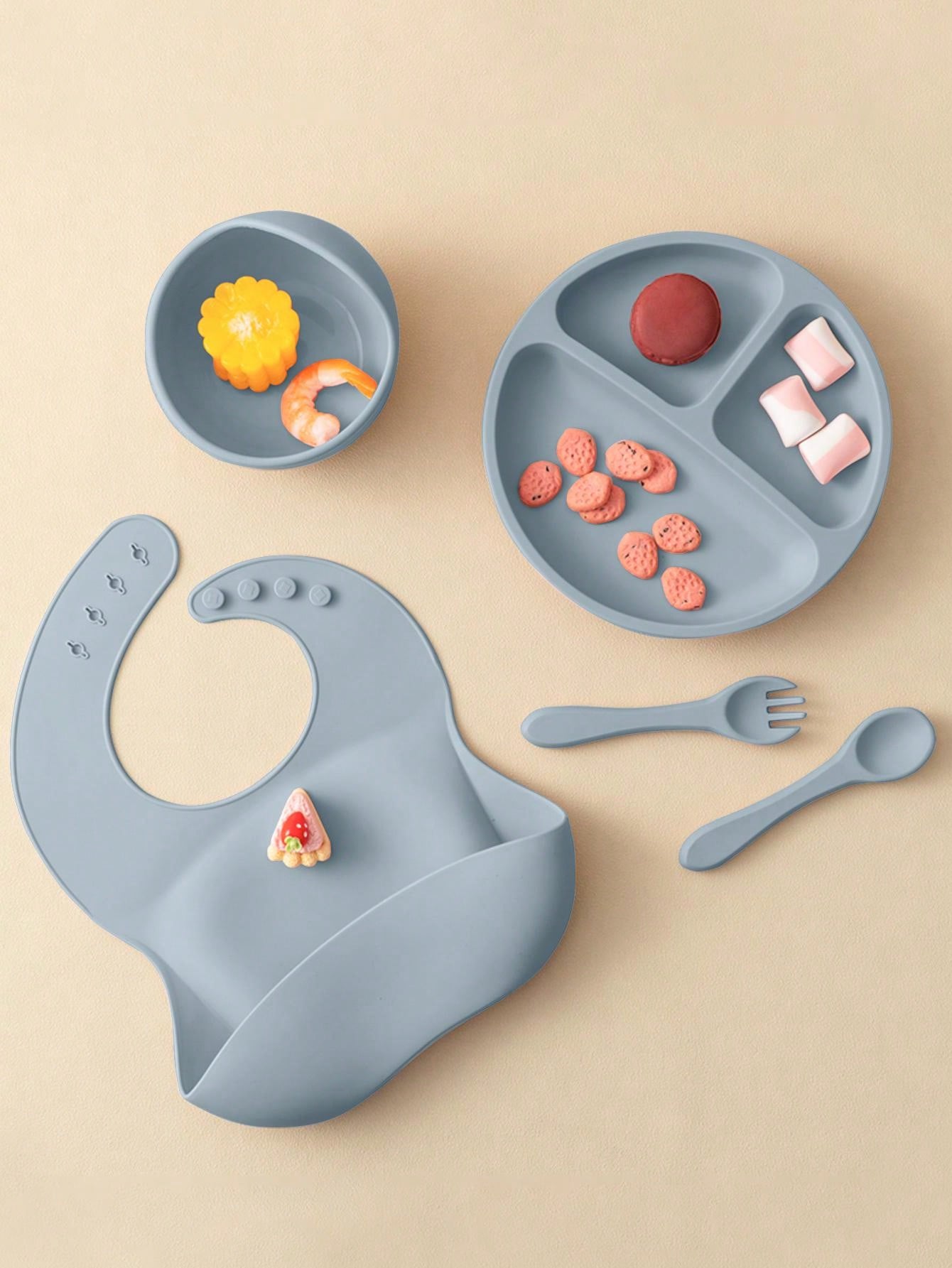 PopLittleOne 5PCS Baby Silicone Tableware Sets Adjustable Bib Suction Plate Bowl Soft Spoon Fork Non-Slip Food Storage Feeding Training Dinner Set