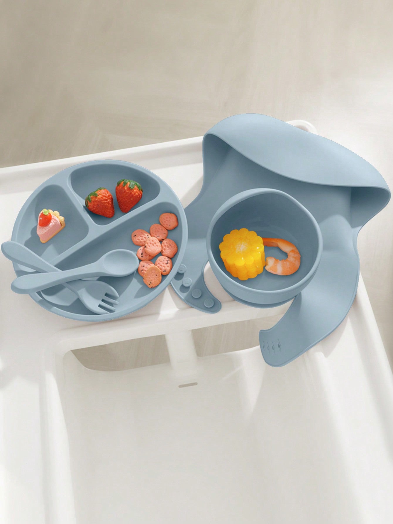 PopLittleOne 5PCS Baby Silicone Tableware Sets Adjustable Bib Suction Plate Bowl Soft Spoon Fork Non-Slip Food Storage Feeding Training Dinner Set