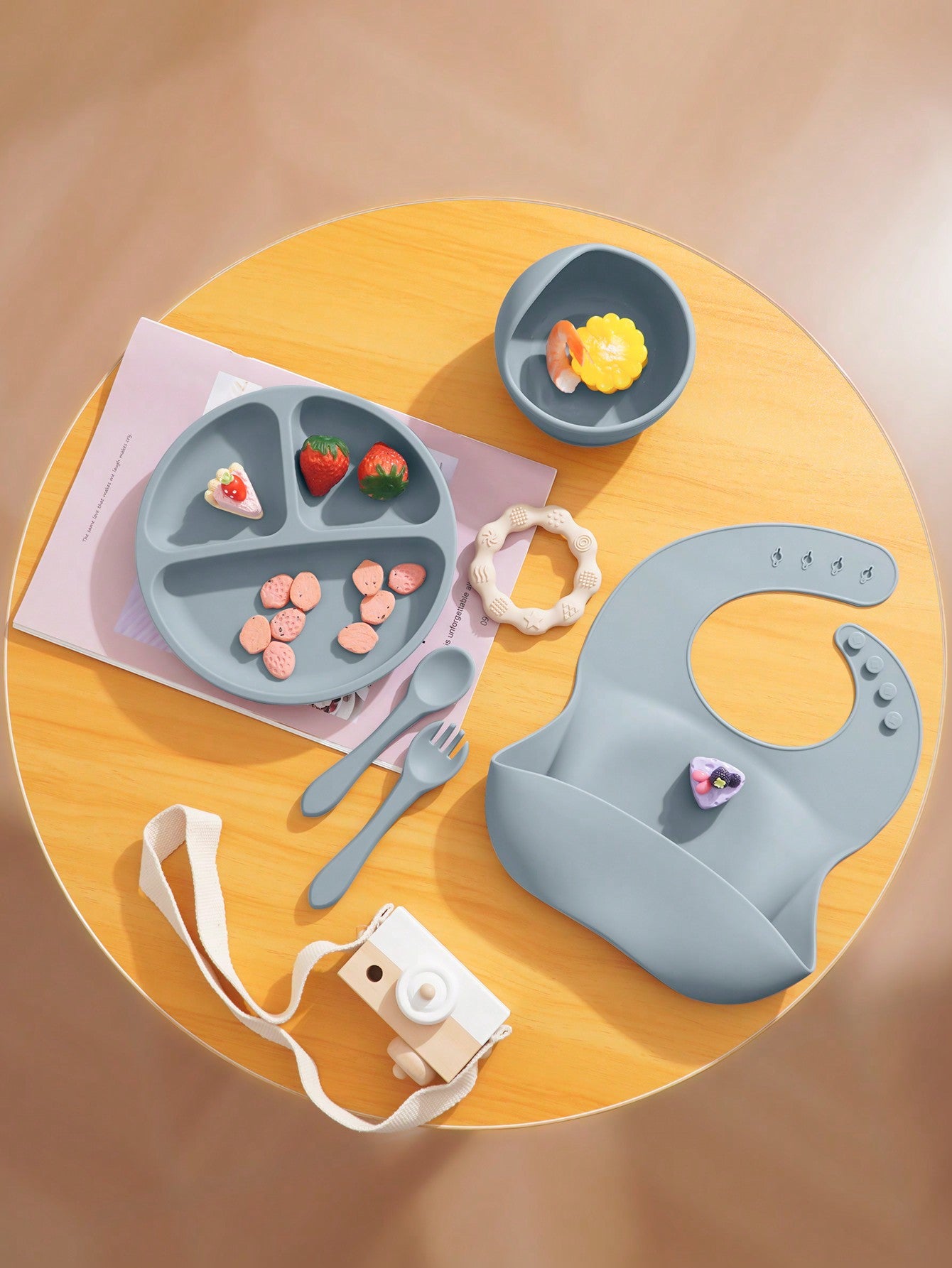 PopLittleOne 5PCS Baby Silicone Tableware Sets Adjustable Bib Suction Plate Bowl Soft Spoon Fork Non-Slip Food Storage Feeding Training Dinner Set