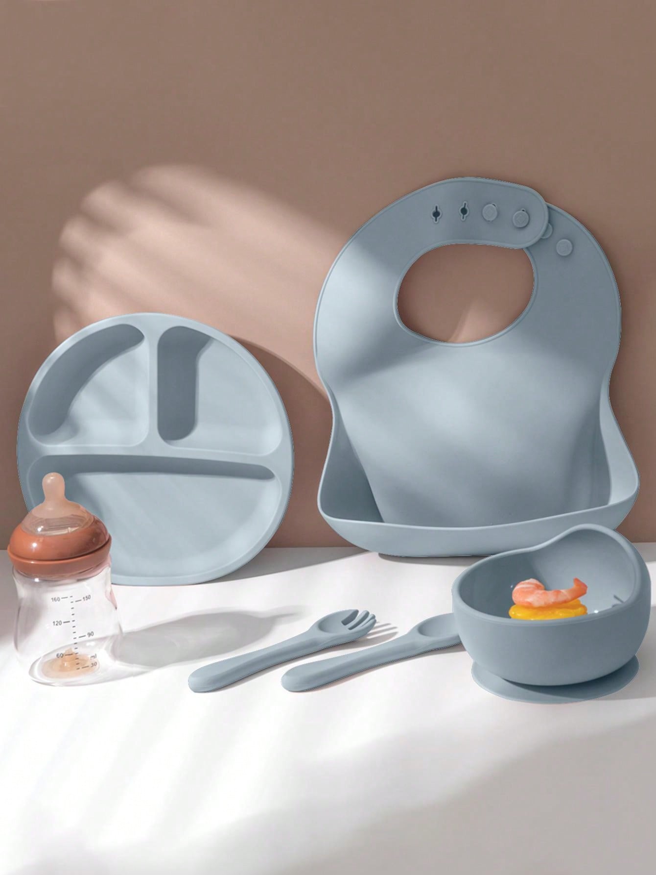 PopLittleOne 5PCS Baby Silicone Tableware Sets Adjustable Bib Suction Plate Bowl Soft Spoon Fork Non-Slip Food Storage Feeding Training Dinner Set