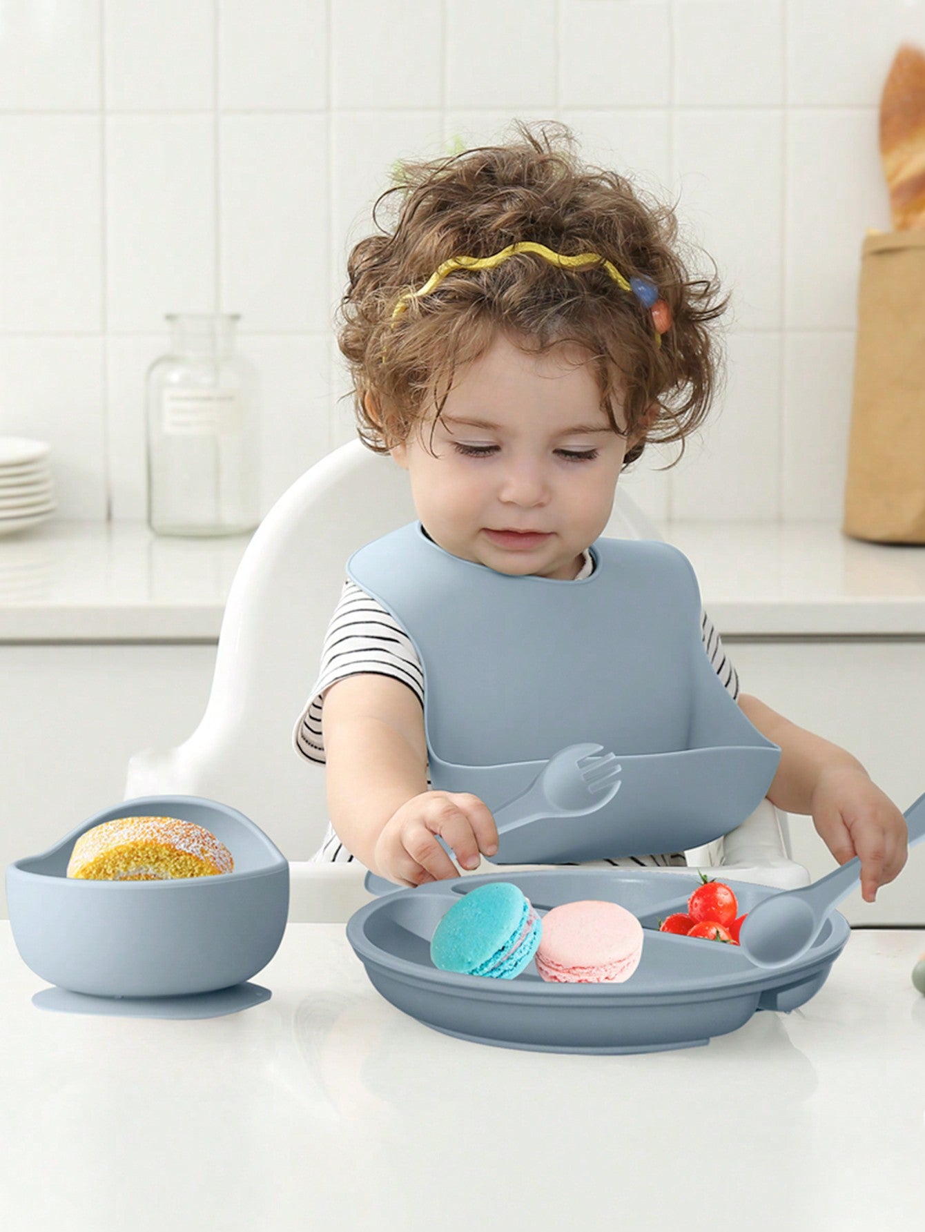 PopLittleOne 5PCS Baby Silicone Tableware Sets Adjustable Bib Suction Plate Bowl Soft Spoon Fork Non-Slip Food Storage Feeding Training Dinner Set