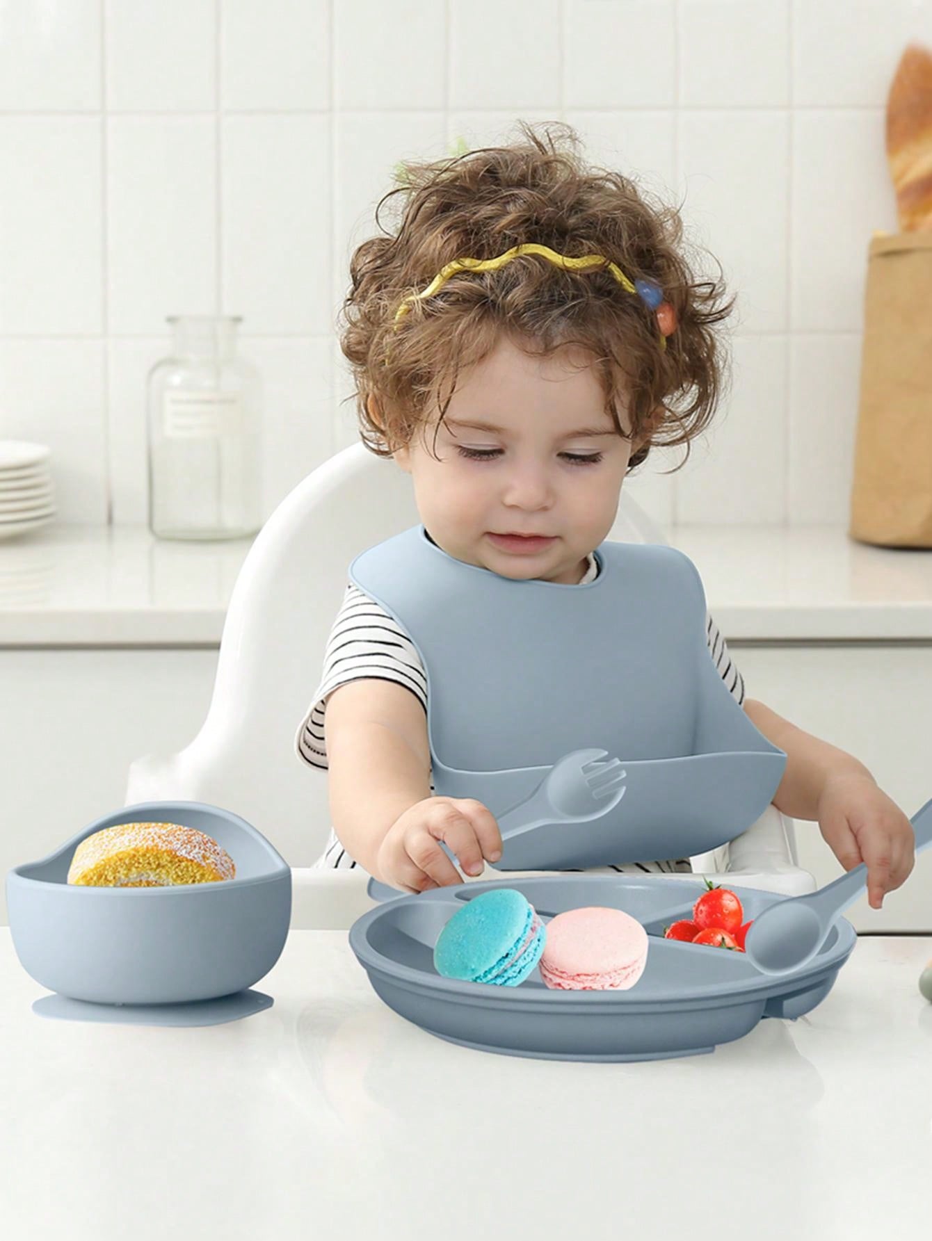 PopLittleOne 5PCS Baby Silicone Tableware Sets Adjustable Bib Suction Plate Bowl Soft Spoon Fork Non-Slip Food Storage Feeding Training Dinner Set