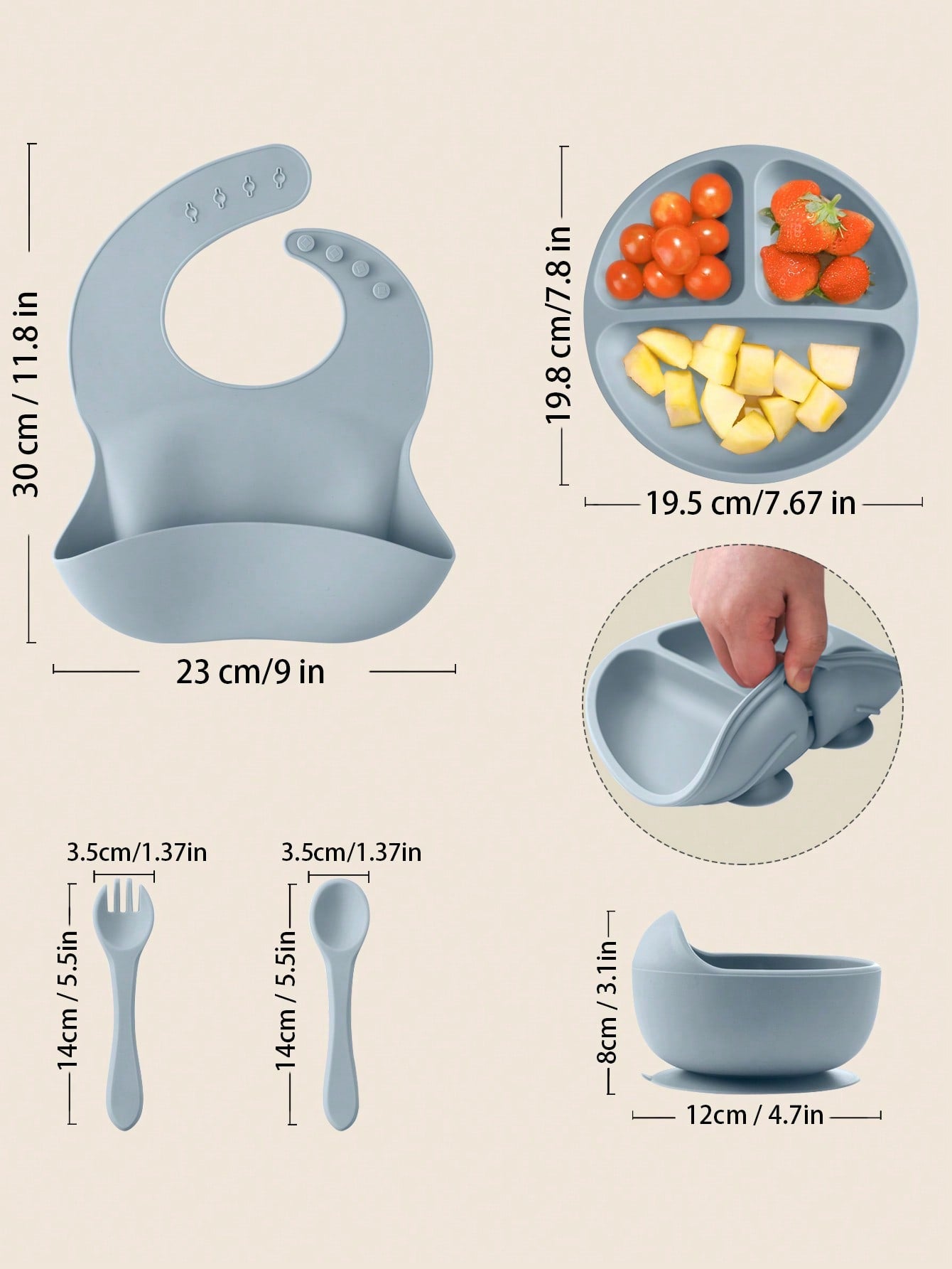 PopLittleOne 5PCS Baby Silicone Tableware Sets Adjustable Bib Suction Plate Bowl Soft Spoon Fork Non-Slip Food Storage Feeding Training Dinner Set