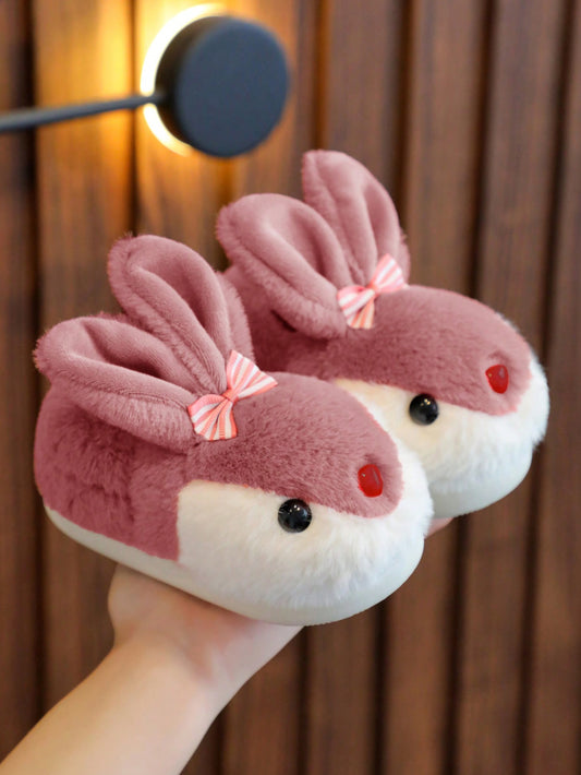 1pair Girls Rabbit Plush Flat Cute Children Indoor Slippers, Suitable For Winter