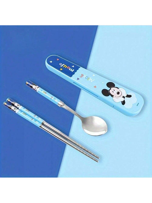 2pcs/Set, Spoon Chopsticks Set With Box, Cartoon Cute Stainless Steel Portable Tableware, Kawaii Reusable Utensils, Suitable For Lunch, Camping, School, Picnic, Birthday Christmas Gift