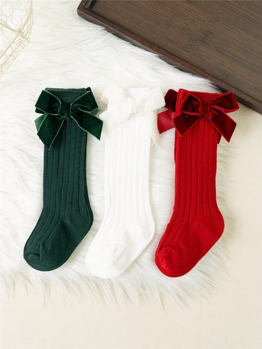 3Pairs/Lot Baby Girls Socks Autumn Winter Kids Big Bow Knee High Long Soft Cute Kids Christmas Sock  Red Newborn Socken For 0-3Years White Green Red