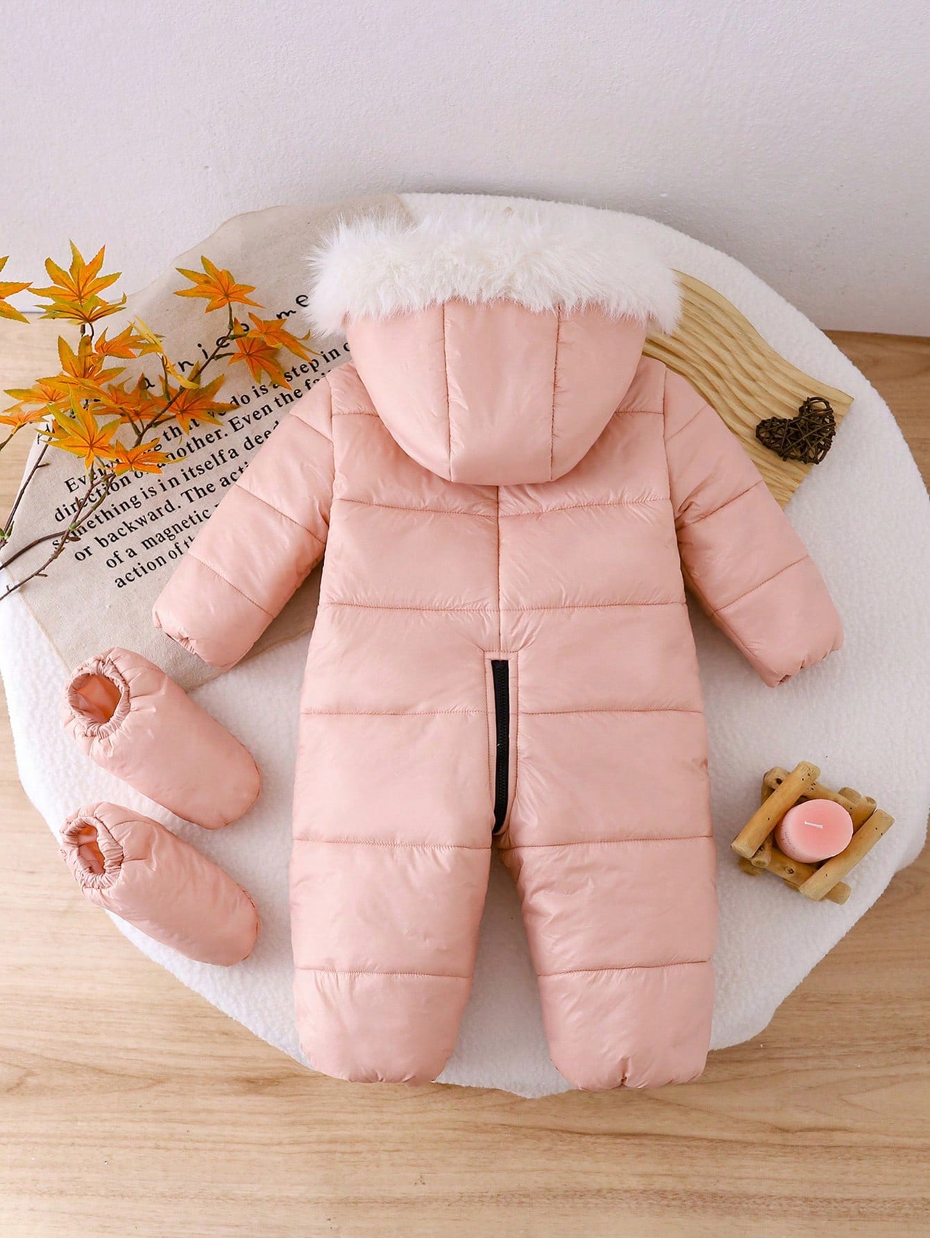 Newborn Baby Girl Hooded Romper, Pink Long Sleeve Fleece-Lined Romper With Letter Print, Suitable For Outdoor, Skiing And Other Occasions