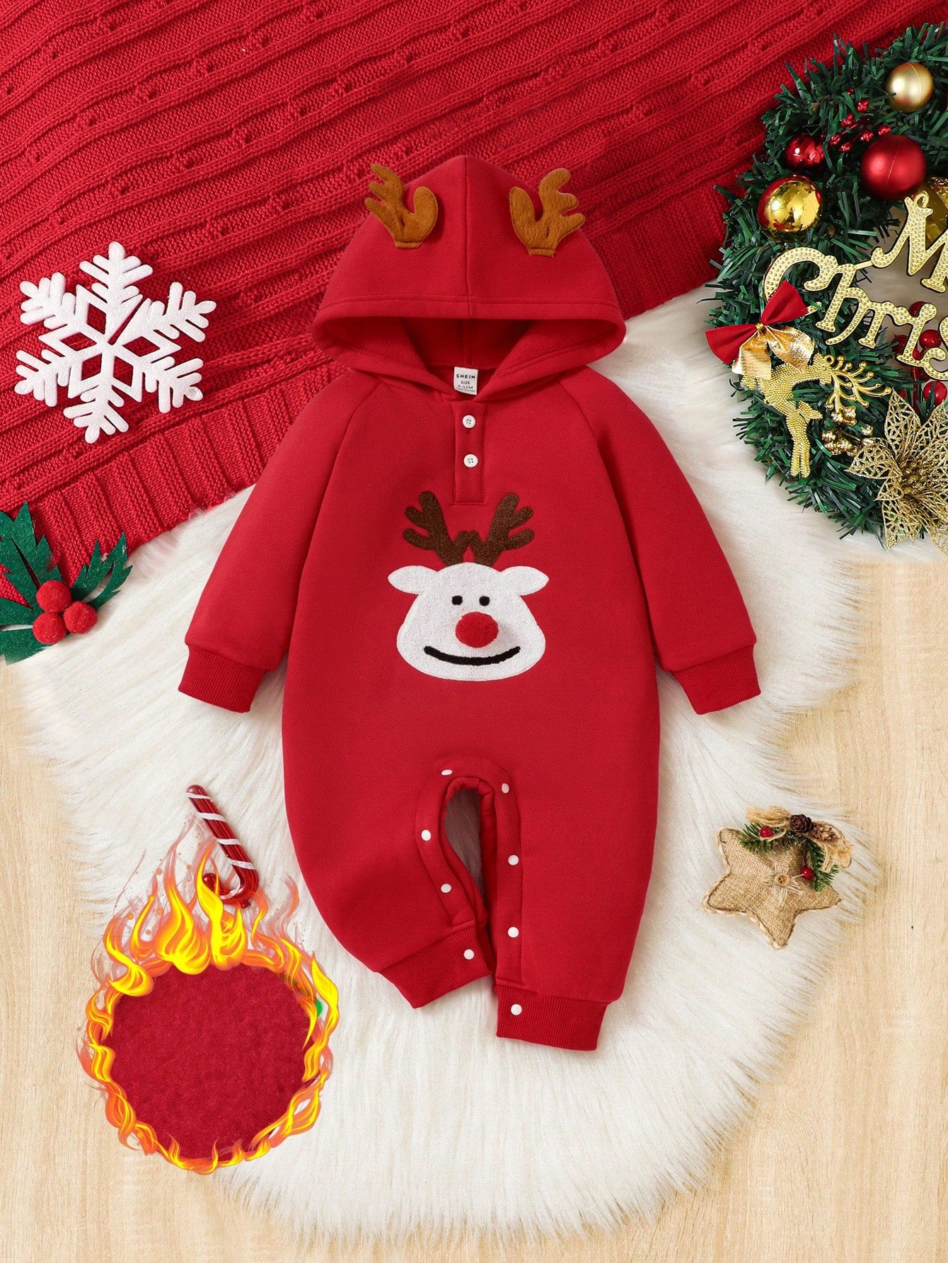 Christmas Party Cute Deer Embroidery Autumn And Winter New Baby Clothes Christmas Red Hooded Romper Jumpsuit Toddler Infant Baby Girl Boy Playsuit Plush Sweatshirt Fabric Winter Thick Outfits(0-24M)