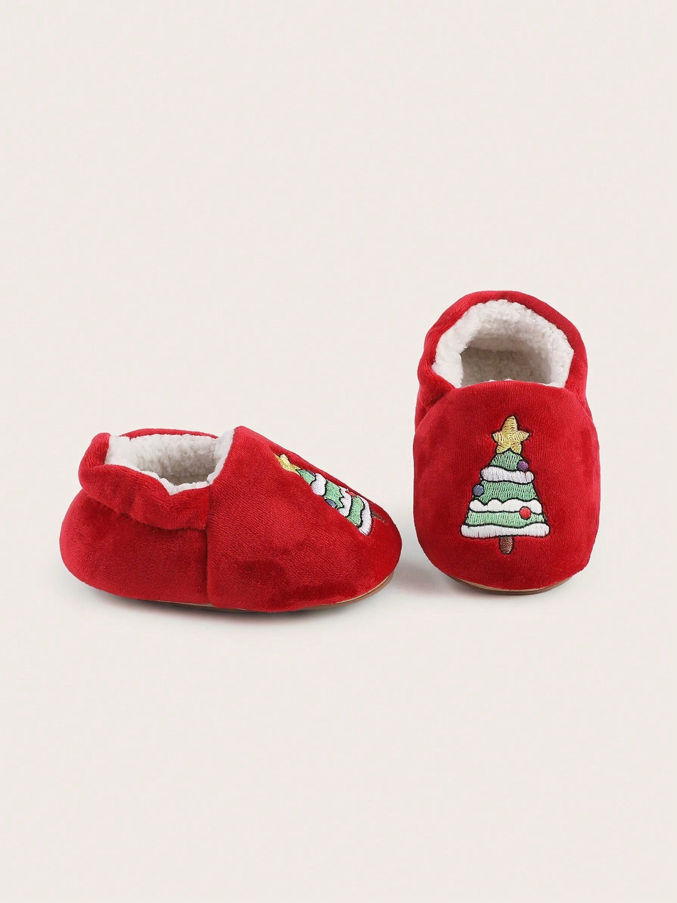 1 Pair Christmas Tree Fleece Lined Round Toe Flat Shoes For Toddler Boys & Girls, Suitable For 0-1 Years Old Babies, Winter