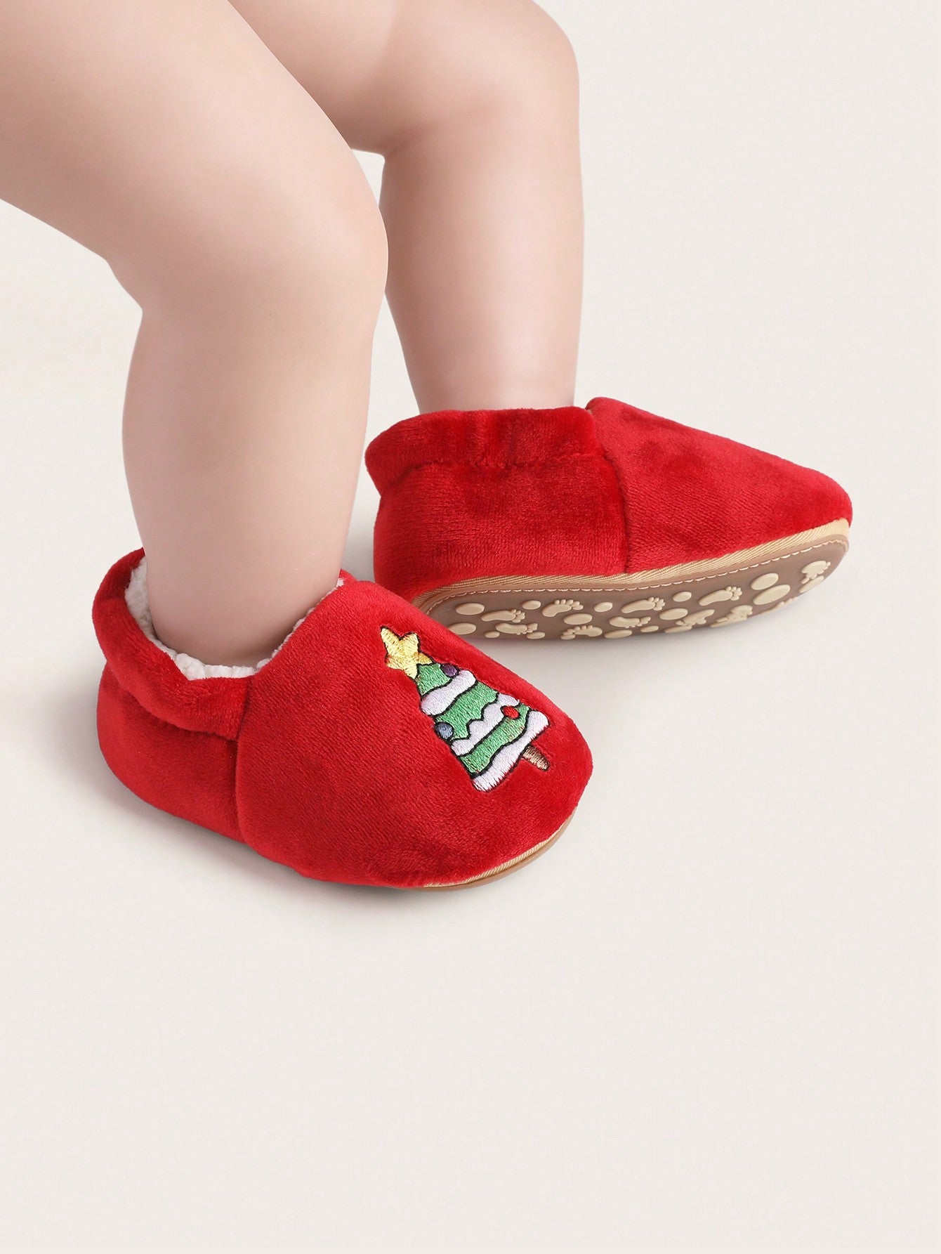 1 Pair Christmas Tree Fleece Lined Round Toe Flat Shoes For Toddler Boys & Girls, Suitable For 0-1 Years Old Babies, Winter