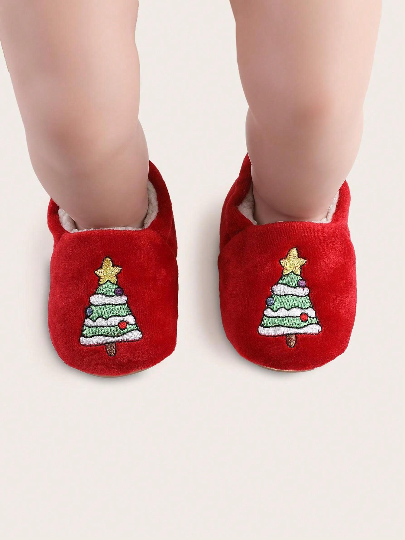 1 Pair Christmas Tree Fleece Lined Round Toe Flat Shoes For Toddler Boys & Girls, Suitable For 0-1 Years Old Babies, Winter