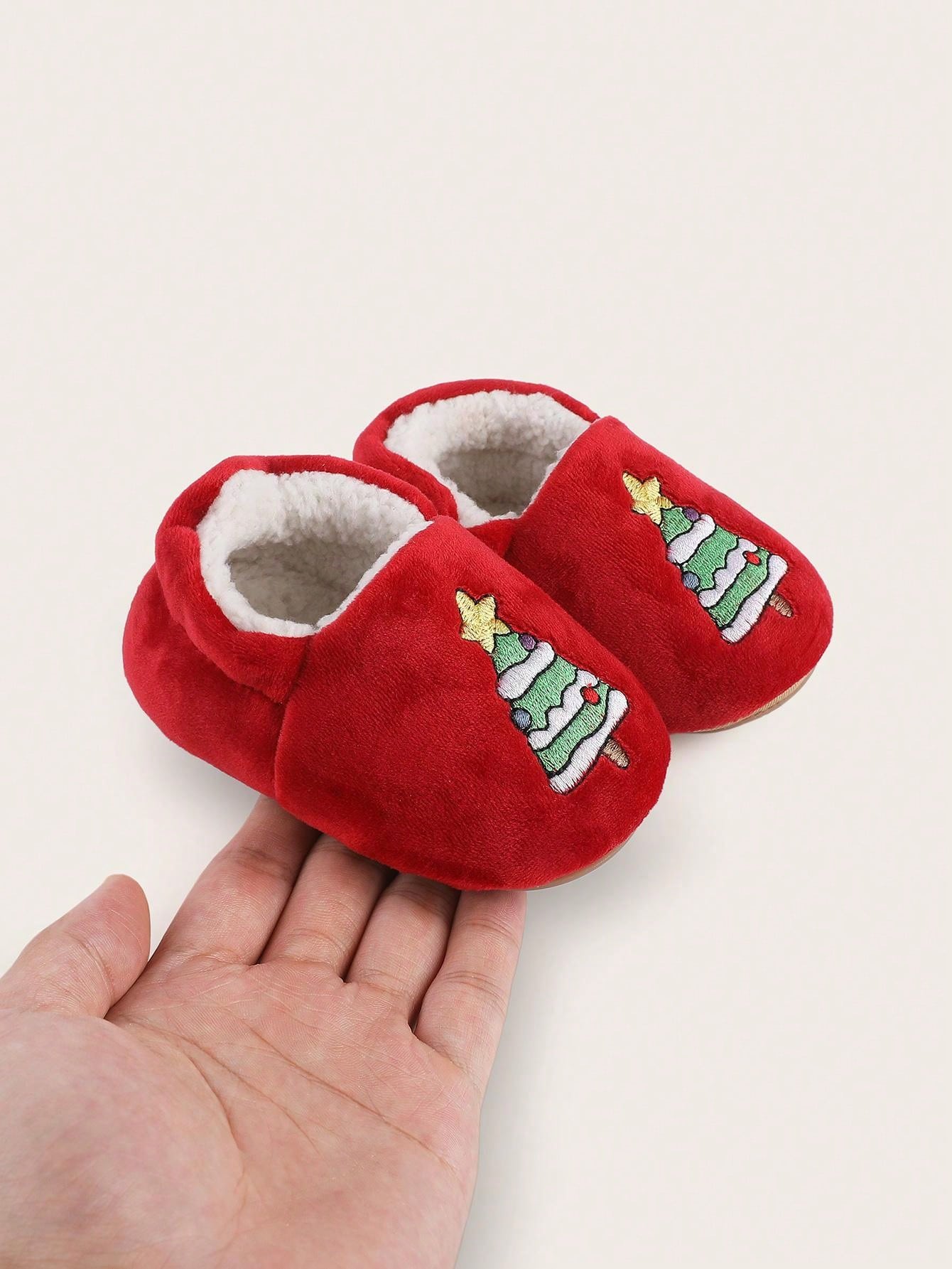 1 Pair Christmas Tree Fleece Lined Round Toe Flat Shoes For Toddler Boys & Girls, Suitable For 0-1 Years Old Babies, Winter