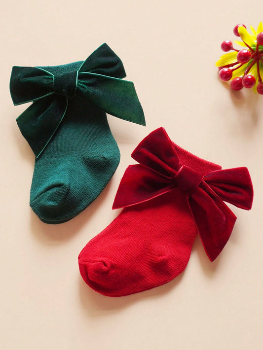 2Pairs/Lot Baby Girls Bows Short Socks Cute Soft Kids Short Sock Children Floor Solid Princess Style Socken Christmas StocksFor 0-3Years Red Green