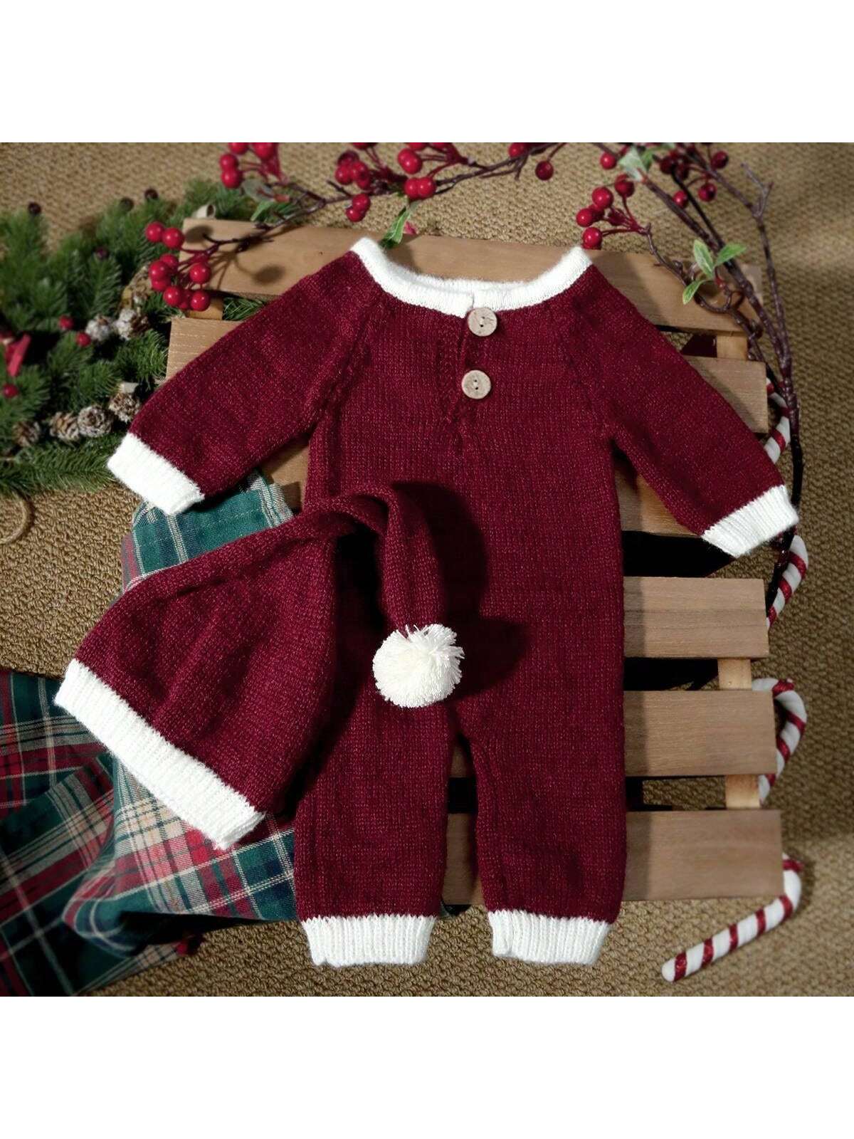 2PCS/Set Christmas Newborn Set Newborn Santa Hat Hat Baby Newborn Christmas Newborn Baby Photo Props Newborn Outfit Crochet Baby Christmas Hat Jumpsuit Costume Setbaby Shower Family Decorations Gifts