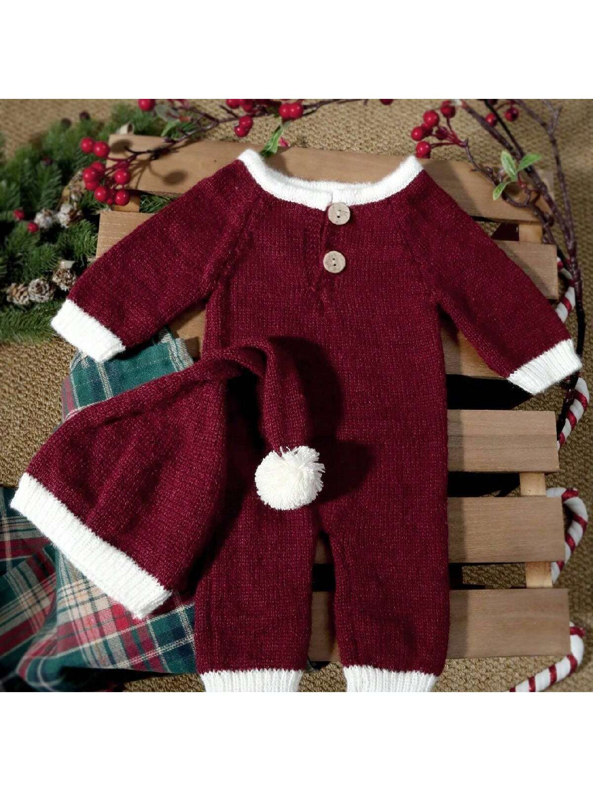 2PCS/Set Christmas Newborn Set Newborn Santa Hat Hat Baby Newborn Christmas Newborn Baby Photo Props Newborn Outfit Crochet Baby Christmas Hat Jumpsuit Costume Setbaby Shower Family Decorations Gifts