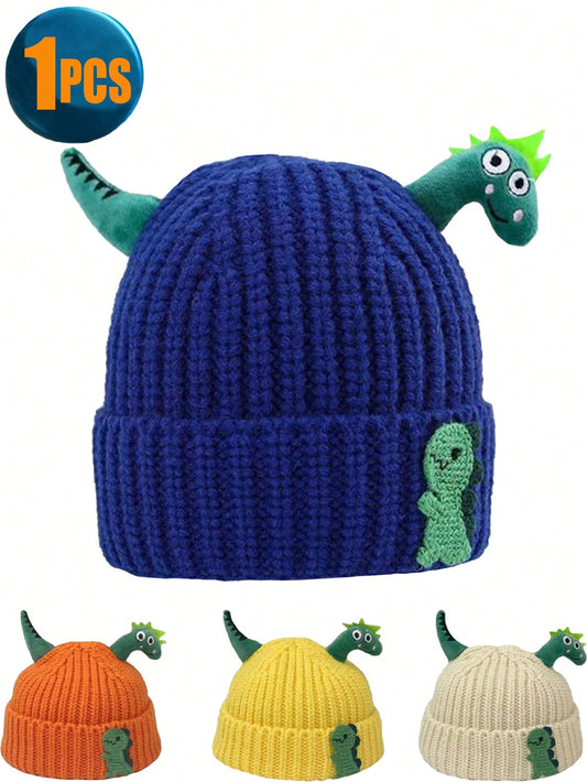 1pc 1-6Y Baby Boys Knitted Beanie Hat, Toddler Winter Earflap Knit Cap With Fleece Lining, Dinosaur Pattern Warm Knit Hat For Infant Boys And Girls