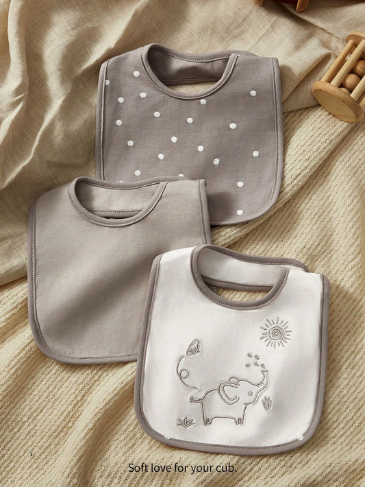 Cozy Pixies Cozy Cub 3pcs/Set Baby Bibs, Gray Elephant Pattern Feeding Bibs, Multi-Use