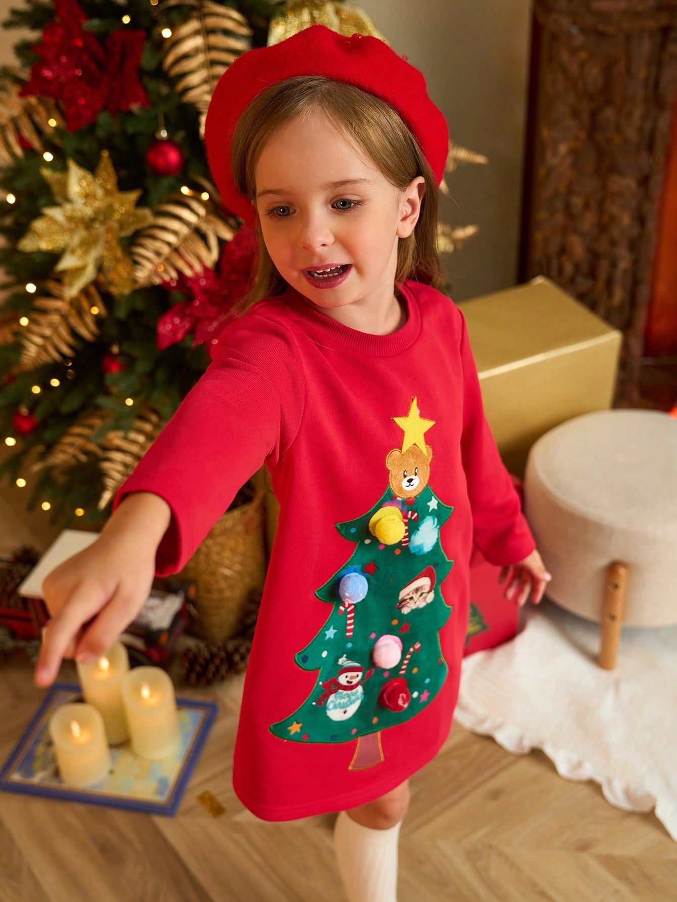 Christmas 2pcs/Set Girls' Holiday Loose Casual Long Sleeve Dress, Christmas Tree Print With Fluffy Ball Decor, Blue And Red Combo, Suitable For Autumn/Winter