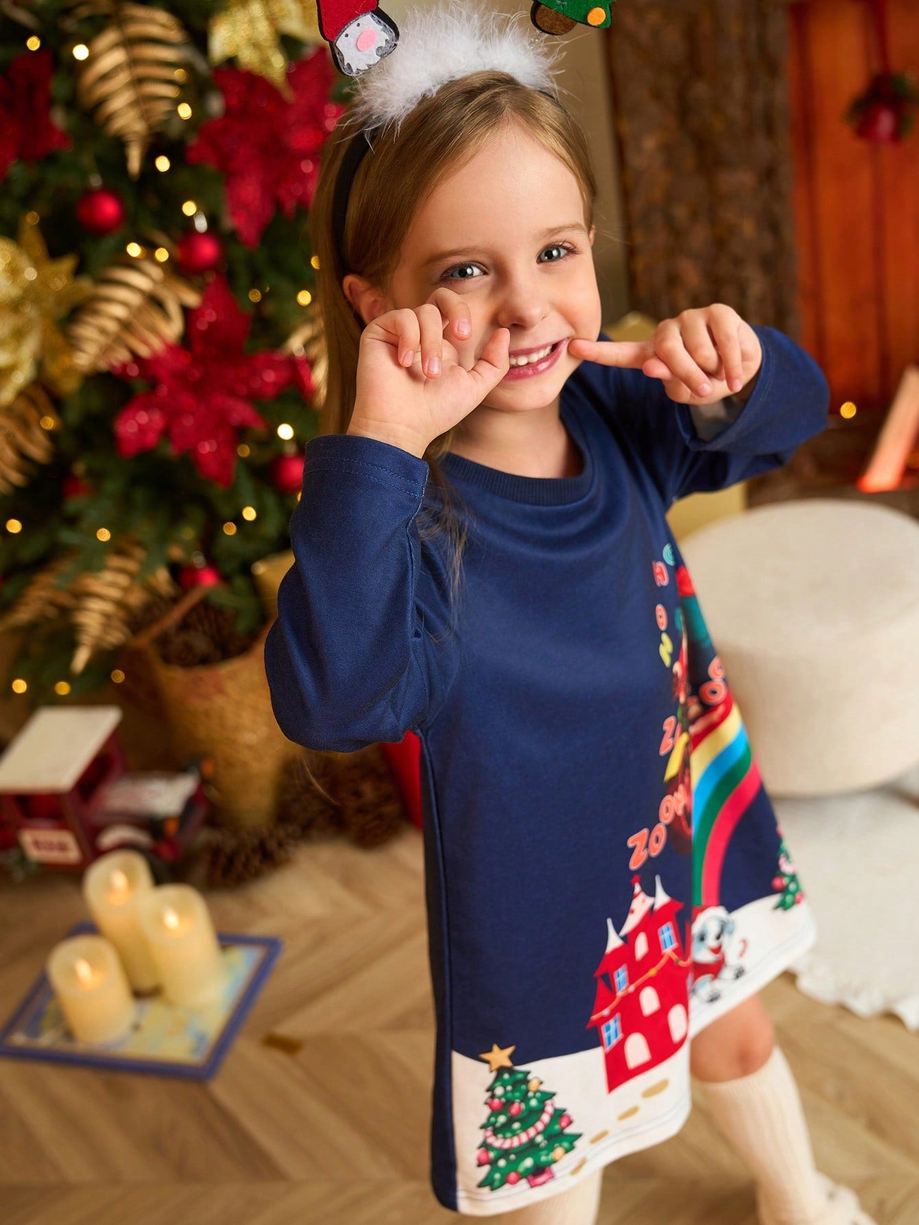Christmas 2pcs/Set Girls' Holiday Loose Casual Long Sleeve Dress, Christmas Tree Print With Fluffy Ball Decor, Blue And Red Combo, Suitable For Autumn/Winter