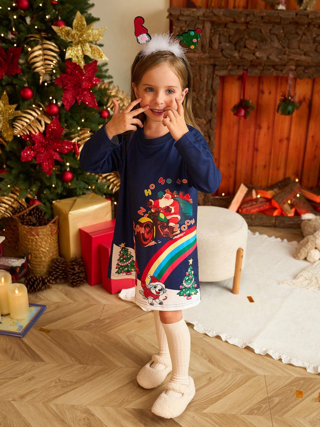 Christmas 2pcs/Set Girls' Holiday Loose Casual Long Sleeve Dress, Christmas Tree Print With Fluffy Ball Decor, Blue And Red Combo, Suitable For Autumn/Winter