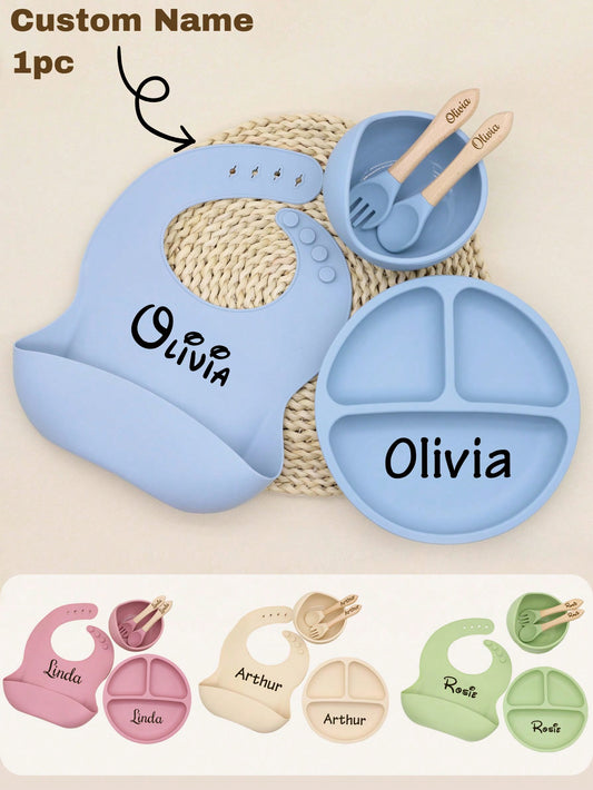 1cps/4pcs Custom Silicone Fork And Spoon Set, Custom Silicone Bowl, Personalized Silicone Dinner Plate, Custom Baby Silicone Bibbaby Shower Family Decorations Gifts