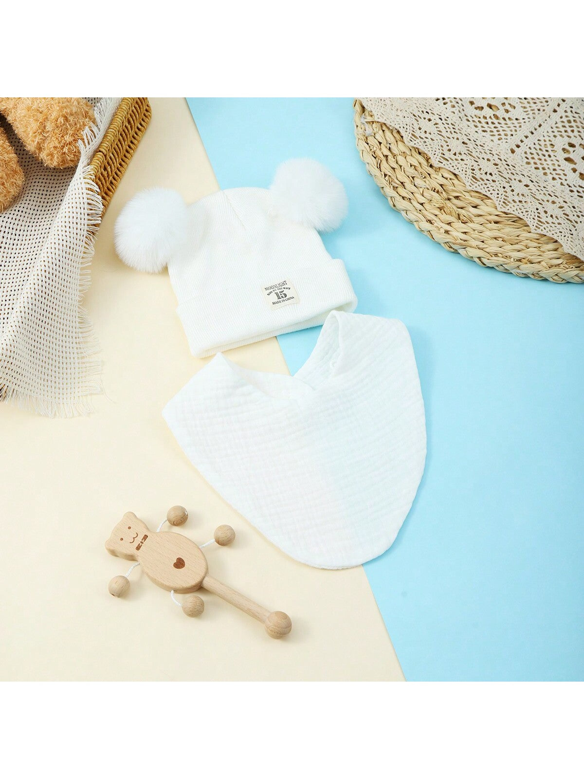 2pcs/Set Baby Double Pom Pom Knitted Hat & Bib Set, Infant Muslin Triangular Drool Bibs