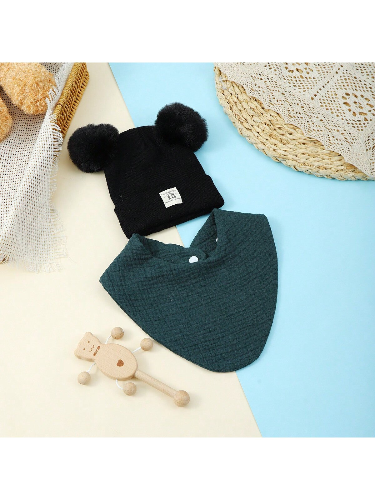 2pcs/Set Baby Double Pom Pom Knitted Hat & Bib Set, Infant Muslin Triangular Drool Bibs